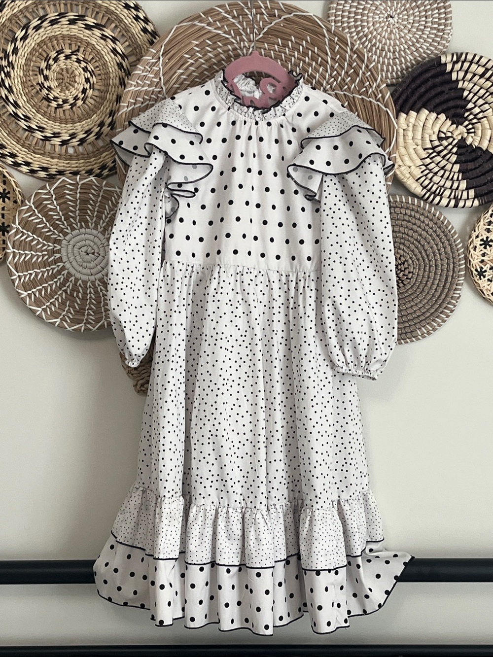 SHEIN White and Black Polka Dot Ruffle Long Dress